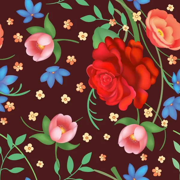 Otrhaný šik vintage růže, tulipány a pomněnky vintage bezešvé, klasické barvě květinové opakování vzoru pozadí pro web a tisk — Stockový vektor