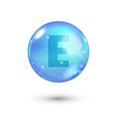 Mektup, vitamini, mavi kapsül ile parlak renkli kase. Kabarcık mavi