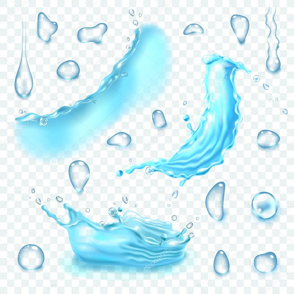 Set of translucent water splashes and drops in light blue colors, isolated on transparent background.
