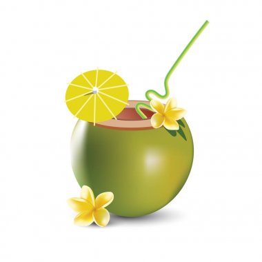 Hindistan cevizi kokteyl vektör illüstrasyon izole beyaz bir arka plan üzerinde. Gerçekçi frangipani çiçek.