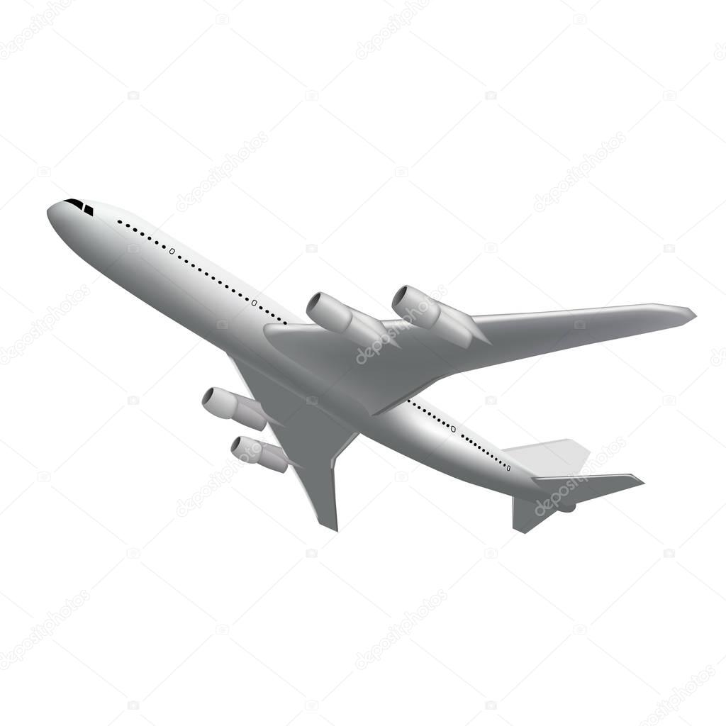 Realistic Flying plane back view. High detailed white airplane isolated. Airline Concept Travel Passenger Jet commercial airplane.