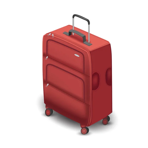 Dark red travel plastic suitcase with wheels realistic on white background vector illustration — Stock Vector