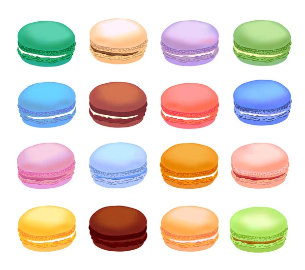 Różne rodzaje makaroniki. Zestaw różnych smak ciasta macarons. Realistyczny styl. — Wektor stockowy