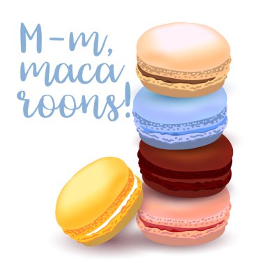 macaroons, elle çizilmiş ve renkli ışık arka plan üzerinde kaligrafi metin ile farklı tatlar ile illüstrasyon