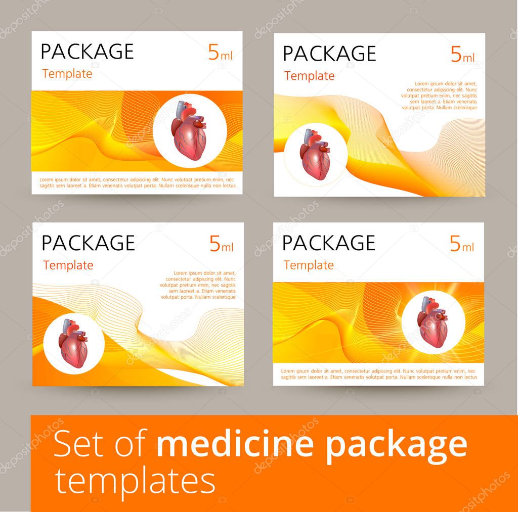 Set of Medicine package template design variations with realistic human heart.