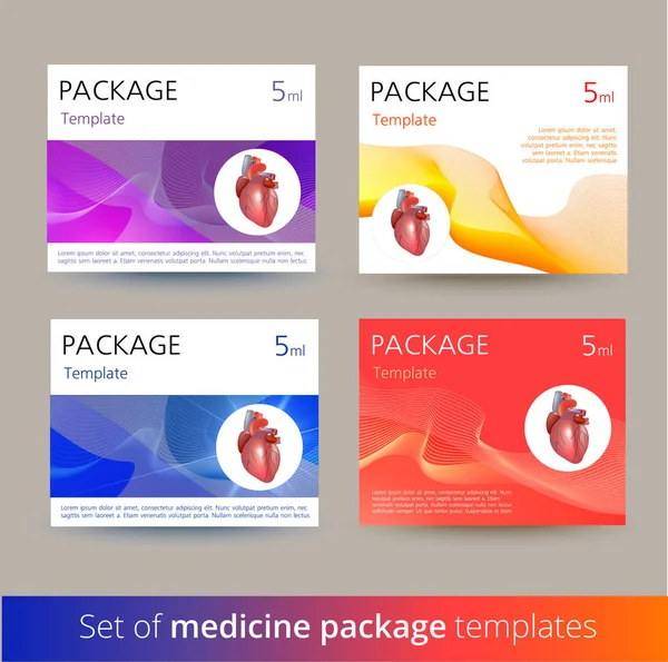 Conjunto de variações de design de modelo de pacote de medicina com coração humano realista . — Vetor de Stock