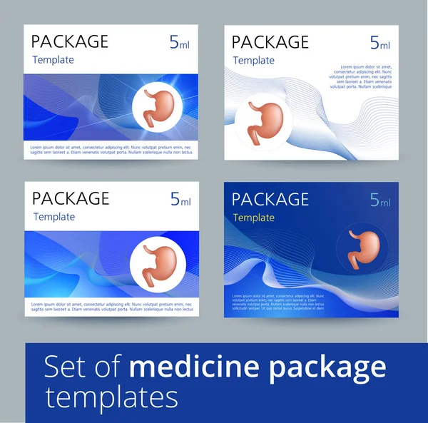 Conjunto de variações de design de modelo de pacote de medicina com estômago humano realista . — Vetor de Stock