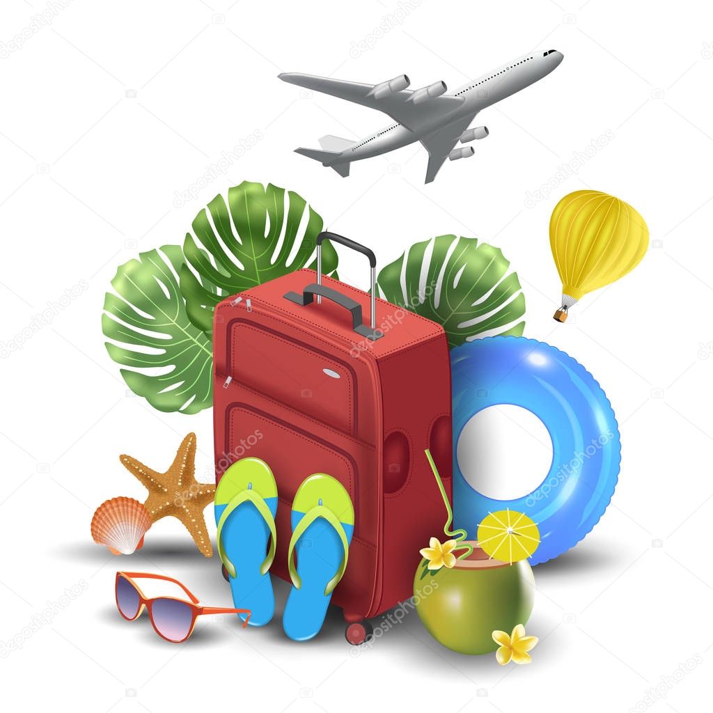 Realistic Summer Vacation Design for Travel with Summer Items. Vector Illustration