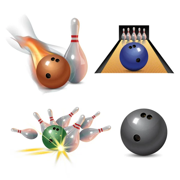 Реалістичний набір іконок для боулінгу ізольовано на білому тлі. Боулінг-удар з м'ячем — стоковий вектор