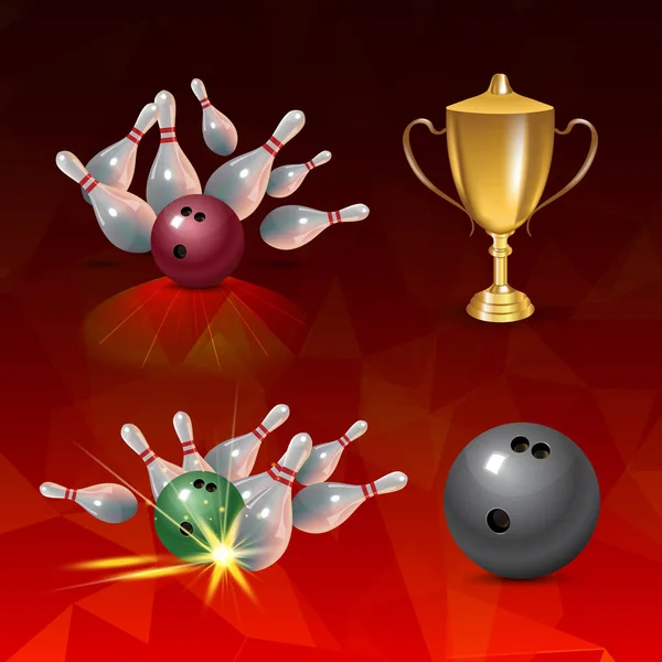 Реалістична іконка боулінгу, встановлена на червоному трикутному тлі. Боулінг-удар з м'ячем — стоковий вектор