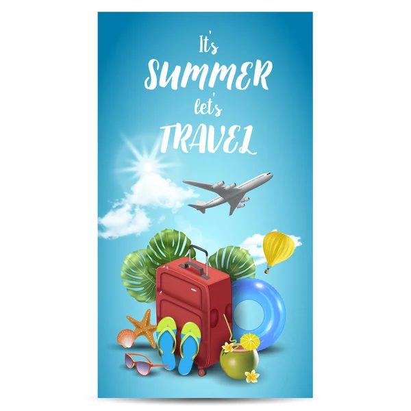 Design de férias de verão realista para viagens com itens de verão. Citação de viagem. Um distintivo. Ilustração vetorial — Vetor de Stock