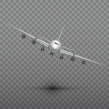 Uçan uçak, jet uçağı, yolcu uçağı. Detaylı gerçekçi yolcu hava uçak üzerinde şeffaf arka plan izole önden görünümü.