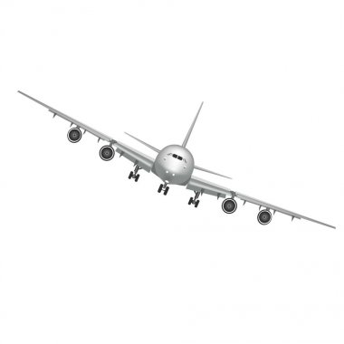 Uçan uçak, jet uçağı, yolcu uçağı. Beyaz arka plan üzerinde izole detaylı gerçekçi yolcu hava uçak önden görünümü.