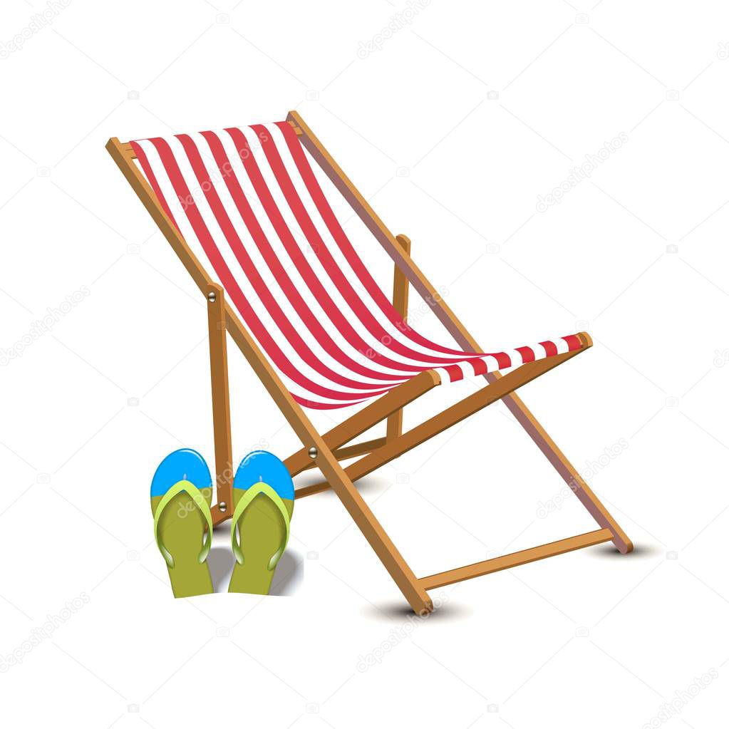 Summer vacation, beach party realistic 3d objects isolated. Travelling tourism holiday time illustration sun lounger, flip flops, on white background, paradise resort seaside concept