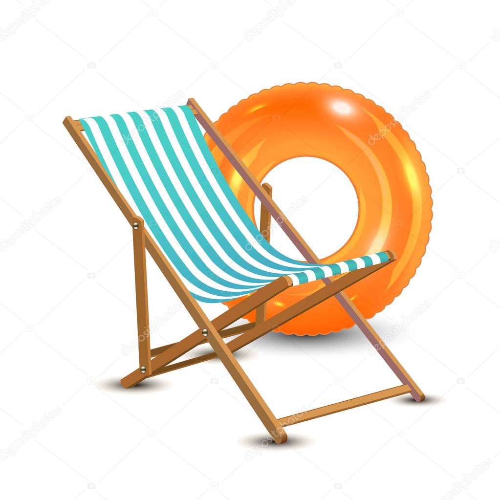 Summer vacation, beach party realistic 3d objects isolated. Travelling tourism holiday time illustration sun lounger, orange swim ring on white background, paradise resort seaside concept