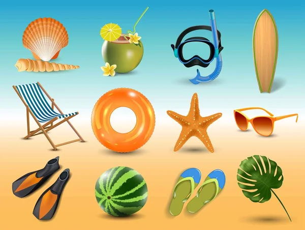 Ilustración vectorial de vacaciones de verano realistas playa iconos establecidos aislados en el fondo de la playa — Vector de stock