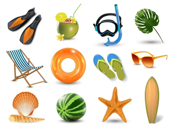 Vektorillustration av realistiska sommaren semester seaside beach ikoner som isolerade — Stock vektor