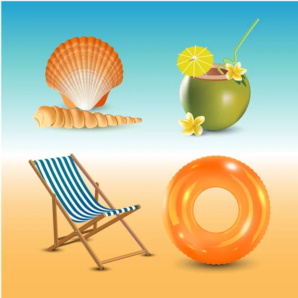 Verano realista vacaciones playa iconos conjunto aislado vector ilustración — Vector de stock
