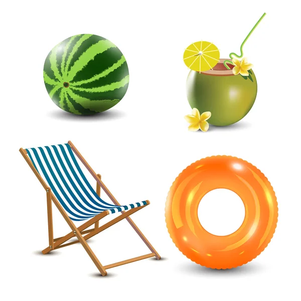 Verano realista vacaciones playa iconos conjunto aislado vector ilustración — Vector de stock