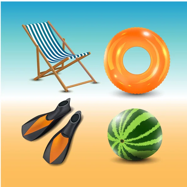 Verano realista vacaciones playa iconos conjunto aislado vector ilustración — Vector de stock