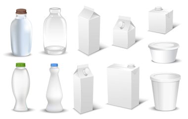 Beyaz boş gerçekçi süt ambalaj plastik şişeler ve karton paketler izole vektör çizim gibi dizi
