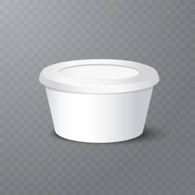 Vektör gerçekçi yoğurt, dondurma veya ekşi krema paketi üzerinde beyaz backgrounnd. 3D çizim. Kadar izole kap alay. Tasarım şablonu. Yan görünümü. Perspektif azalan