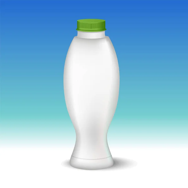 Weiße glänzende Plastikflasche mit Schraubverschluss für Milchprodukte Milch, Trinkjoghurt, Sahne, Dessert. realistische Verpackungs-Attrappe. Frontansicht. Vektorillustration. — Stockvektor