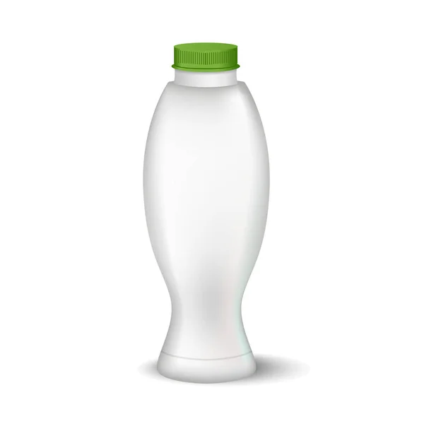 Weiße glänzende Plastikflasche mit Schraubverschluss für Milchprodukte Milch, Trinkjoghurt, Sahne, Dessert. realistische Verpackungs-Attrappe. Frontansicht. Vektorillustration. — Stockvektor