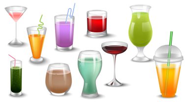 Vektör çizim farklı içecekler ve kokteyller kümesi. Beyaz izole.