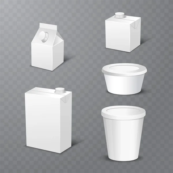 Készlet-ból fehér üres reális tejtermék csomagolások műanyag palackok és karton csomagok elszigetelt vektoros illusztráció — Stock Vector