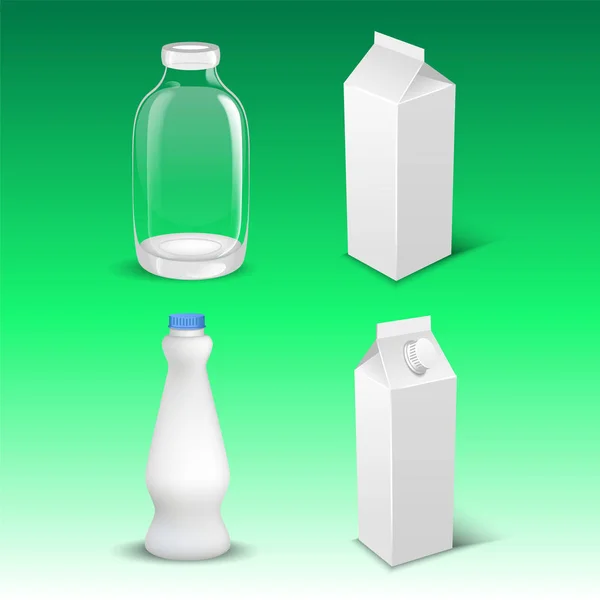 Σύνολο λευκό κενό ρεαλιστική συσκευασία γαλακτοκομικών προϊόντων συμπεριλαμβανομένων των πλαστικών φιαλών και χαρτοκιβώτιο πακέτα απομονωμένη διανυσματικά εικονογράφηση — Διανυσματικό Αρχείο