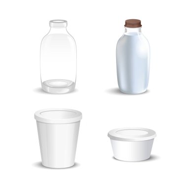 Beyaz boş gerçekçi süt ambalaj plastik şişeler ve karton paketler izole vektör çizim gibi dizi