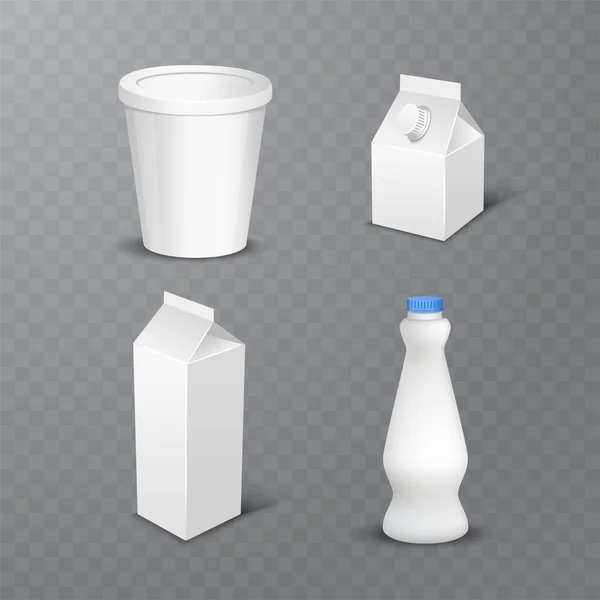 Uppsättning av vita tomma realistiska mejeri förpackningar inklusive plastflaskor och kartong paket isolerade vektorillustration — Stock vektor