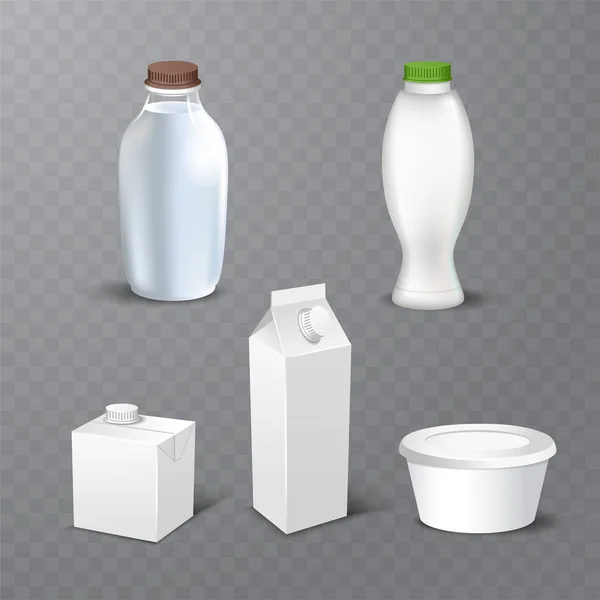 プラスチック ボトル、カートン パケット分離ベクトル図を含む白い空白現実的な乳製品の包装のセット — ストックベクタ