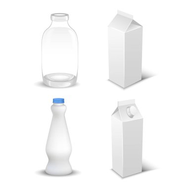 Beyaz boş gerçekçi süt ambalaj plastik şişeler ve karton paketler izole vektör çizim gibi dizi