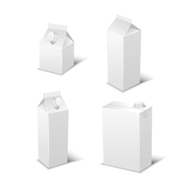 Beyaz boş gerçekçi süt ambalaj plastik şişeler ve karton paketler izole vektör çizim gibi dizi