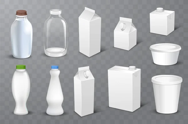 プラスチック ボトル、カートン パケット分離ベクトル図を含む白い空白現実的な乳製品の包装のセット — ストックベクタ