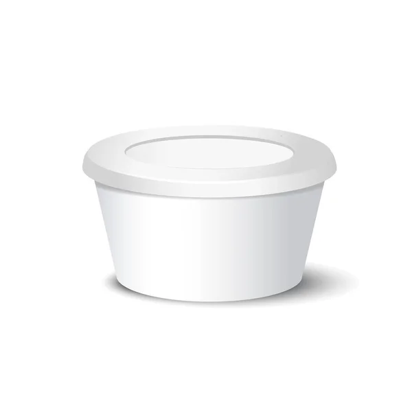Vector yogur realista, helado o paquete de crema agria en el fondo blanco. Ilustración 3D. Mock up de contenedor aislado. Plantilla para tu diseño. Vista lateral. Perspectiva atenuante — Archivo Imágenes Vectoriales