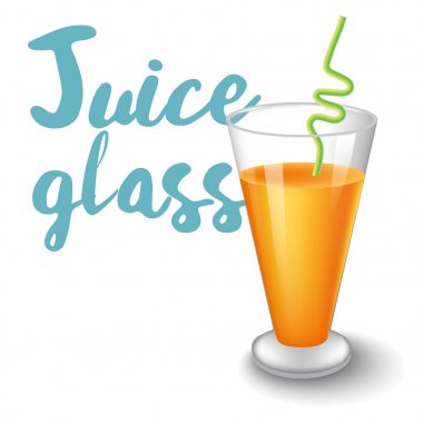 İçecek meyve ile simge vektör Illustration. Cam beyaz arka plan üzerinde gerçekçi portakal suyu.