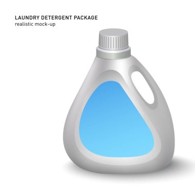 Beyaz konteyner şişe etiketi. Çamaşırhane deterjan paket tasarımı. Kimyasal şişe vektör illüstrasyon izole.