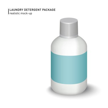 Beyaz konteyner şişe etiketi. Çamaşırhane deterjan paket tasarımı. Kimyasal şişe vektör illüstrasyon izole.