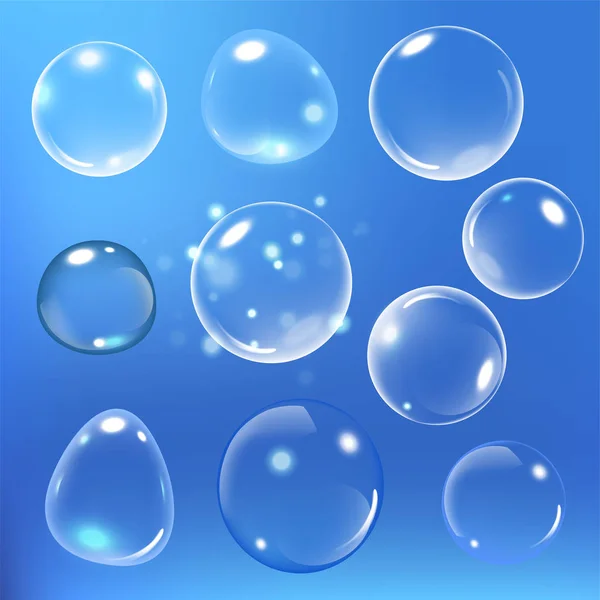 Bulle de savon réaliste sur fond bleu. illustration vectorielle de bulle de savon. Ensemble de bulles de savon. Illustration vectorielle — Image vectorielle
