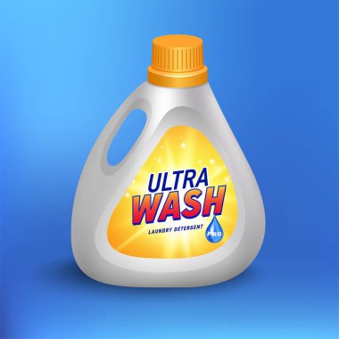 Çamaşırhane deterjan paket tasarım, beyaz konteyner şişe etiketli 3d illüstrasyon izole mavi arka plan