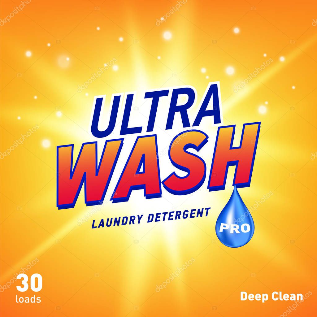 Detergent advertising concept design for product packaging in yellow orange color. Vector illustration