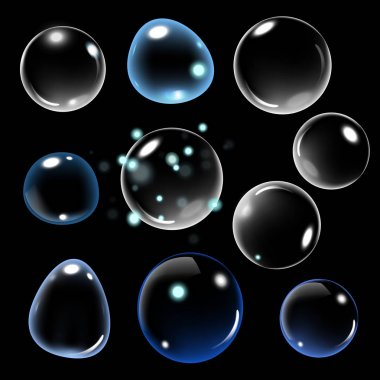 Siyah arka plan üzerine gerçekçi sabun köpüğü. sabun köpüğü illüstrasyon vektör. Sabun köpüğü ayarlayın. Vektör çizim