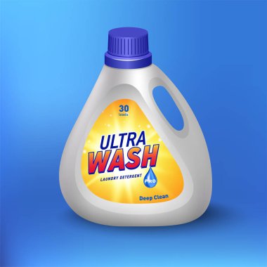 Çamaşırhane deterjan paket tasarım, beyaz konteyner şişe etiketli 3d illüstrasyon izole mavi arka plan