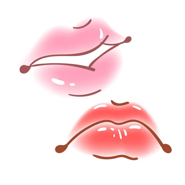 Colorido divertido conjunto de pegatinas de labios femeninos, iconos, emoji, alfileres o parches en estilo cómico pop de dibujos animados. Boca de mujer con maquillaje de lápiz labial rojo en diferentes emociones . — Archivo Imágenes Vectoriales