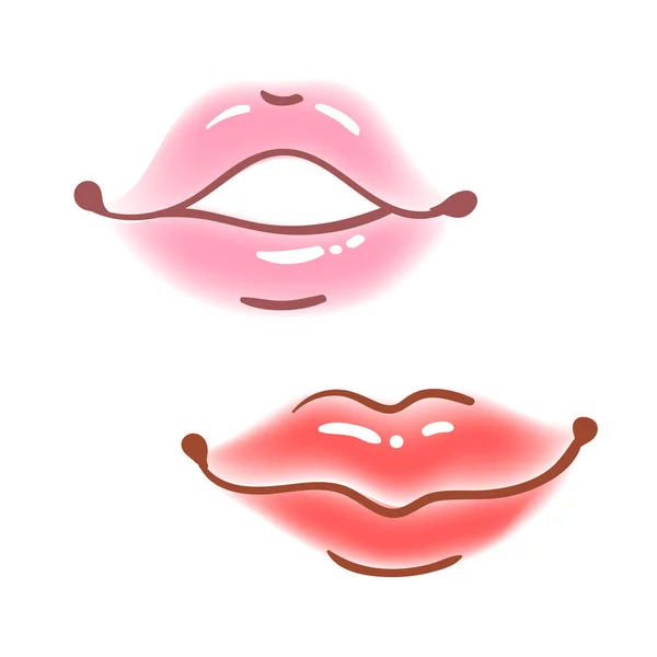 Барвистий веселий набір жіночих губ наклейки, іконки, емодзі, шпильки або патчі в мультиплікаційному поп-коміксі. Жінка рот з червоною помадою макіяж в різних емоціях . — стоковий вектор