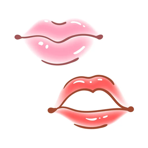 Барвистий веселий набір жіночих губ наклейки, іконки, емодзі, шпильки або патчі в мультиплікаційному поп-коміксі. Жінка рот з червоною помадою макіяж в різних емоціях . — стоковий вектор