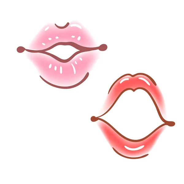 Красочный набор стикеров для женских губ, икон, смайликов, булавок или патчей в стиле мультфильма поп-комикса. Женский рот с красной помадой макияж в разных эмоциях . — стоковый вектор